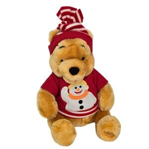Disney Store Winnie the Pooh Plush 12" Snowman Sweater‎ Winter Hat Holiday